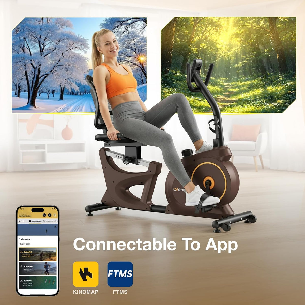 Wenoker Recumbent Exercise Bike for Home, Quiet Magnetic Stationary Bike with Bluetooth APP Connectivity, 15-Level Magnetic Resistance, Adjustable Seat, LCD Monitor, Indoor Cycling Bike, 350 LB Capacity