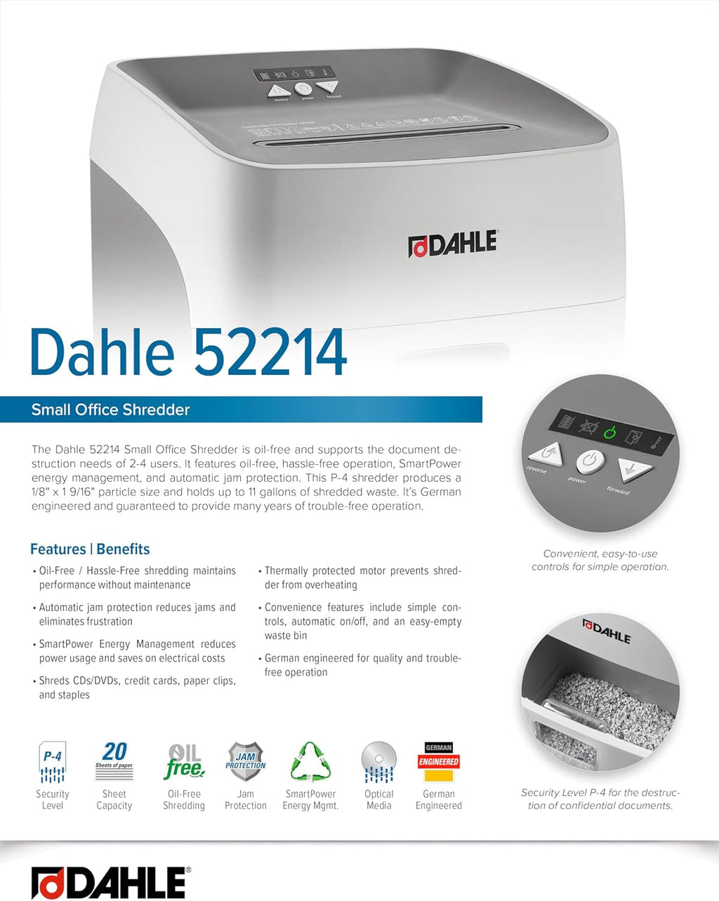 Dahle 52214 Paper Shredder, Cross Cut, P-4 | O-3 Security, German Engineered, Jam Protection, Oil Free, SmartPower, Shreds CDs, 20 Sheet Max, 11 Gal Bin
