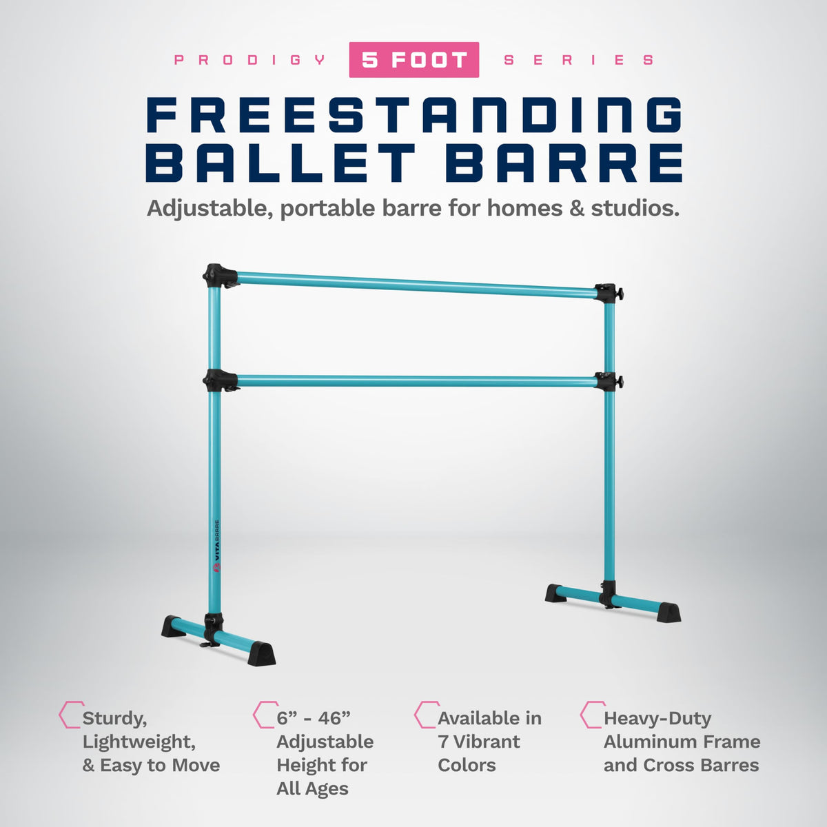 VITA Barre Portable Freestanding Double Ballet Barre, Prodigy, Aluminum | Adjustable Height, USA Made, Home or Gym Exercise Equipment for Kids & Adults | Dance, Fitness, Pilates