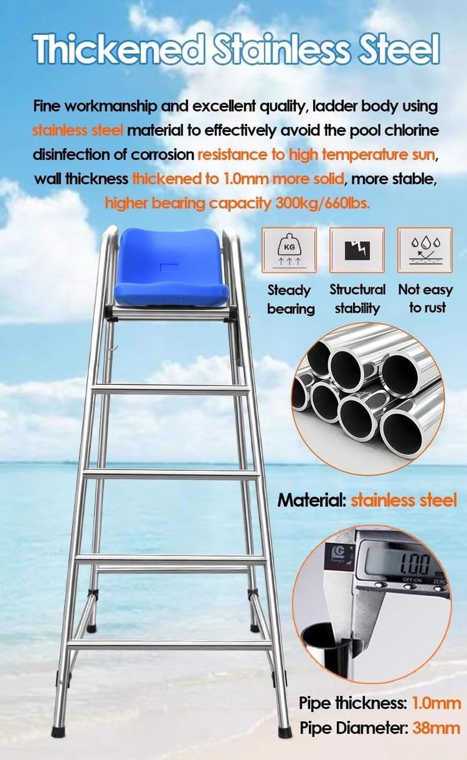 Outdoor 180cm Tall Stainless Steel Referee Chair Stand for Volleyball Tennis Life Guard Deck Seat 71in Extra High Pool Patio Beach Official Chair w/Comfortable, Blue, 120cm/47.2in/3.9ft high