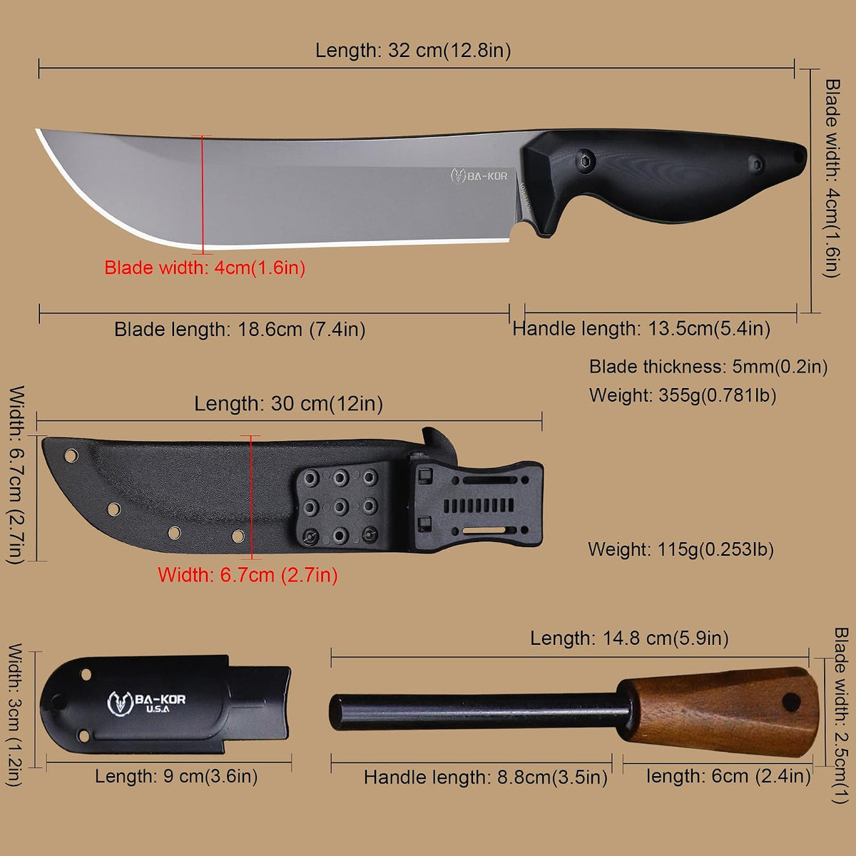 BA-KOR 5MM (9CR18MOV) steel 12.8'' full tang Hunting knife +K sheathing &5.9" cerium igniter can be used outdoors for outdoor hunting, camping, obstacle clearing, wood chopping, BBQ, fishing, kitchen cutting, EDC tools, gifts (G10 Black-C, Inches, 12.8)