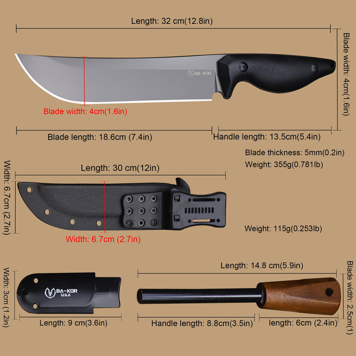 BA-KOR 5MM (9CR18MOV) steel 12.8'' full tang Hunting knife +K sheathing &5.9" cerium igniter can be used outdoors for outdoor hunting, camping, obstacle clearing, wood chopping, BBQ, fishing, kitchen cutting, EDC tools, gifts (G10 Black-C, Inches, 12.8)