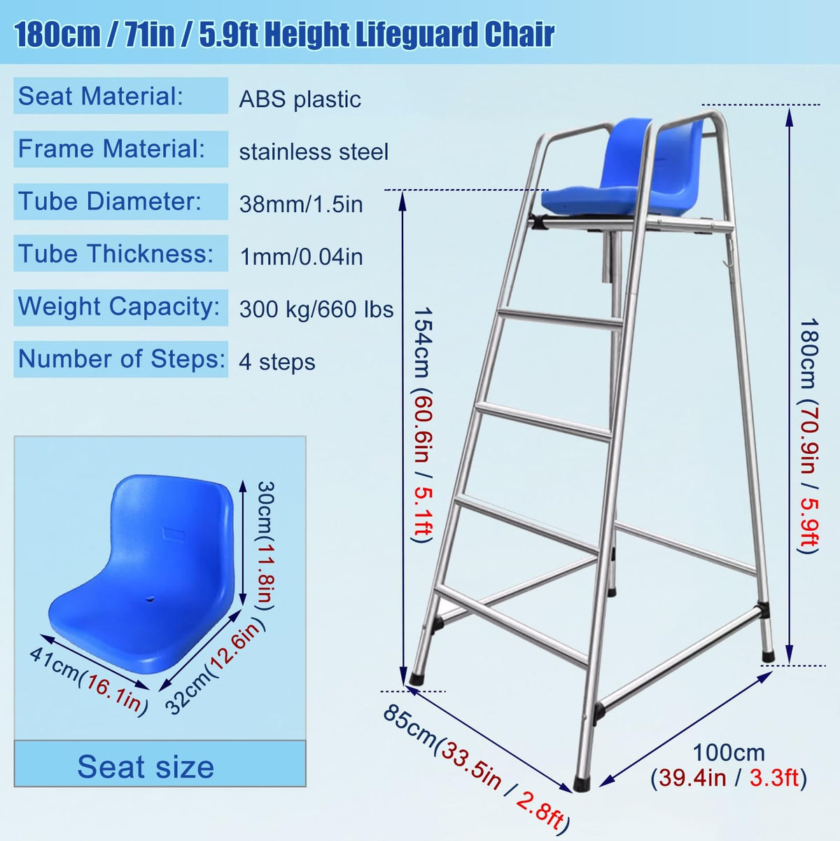 Competition Referee Stand Chair Outdoor, High Lifeguard Chair with Umbrella/Comfortable Seat, Floor Standing Heavy Duty Lifesaving Observation Chair for Gymnasiums(1.2m/3.9ft/47in)