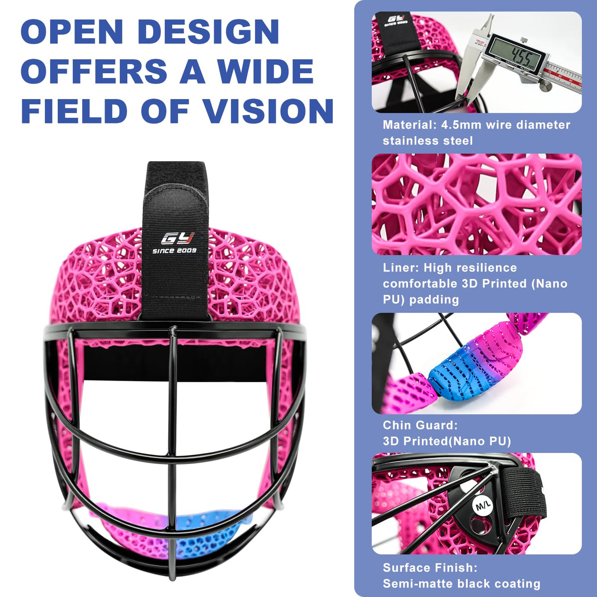 GY Field Hockey Face Mask Men/Women/Youth with 4.5mm 304 Stainless Steel | Ortholite Foam Lining | Protective Rear Shell for Goalkeepers/Penalty Corner Defenders