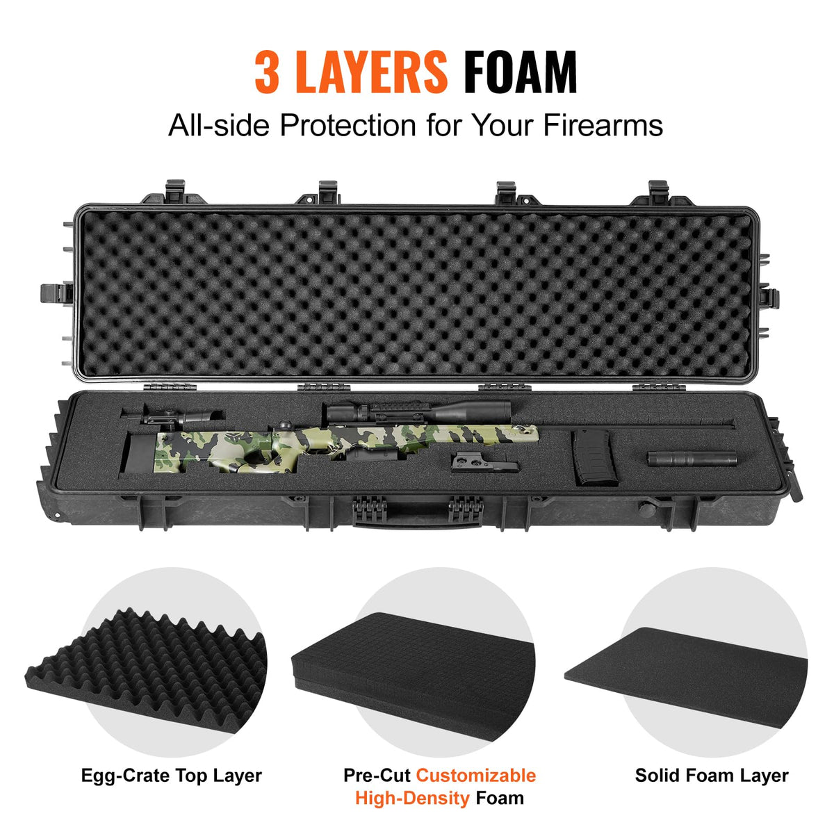 VEVOR Rifle Case, Rifle Hard Case with 4 Layers Fully-protective Foams, Lockable Hard Gun Case with Wheels, IP67 Waterproof & Crushproof, for Rifles or Shotguns
