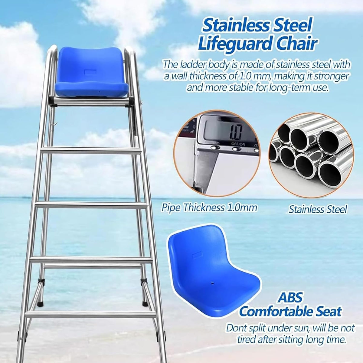 Swimming Pool Stainless Steel Safety Equipment Lifeguard Chairs, 2/3/4-Step Portable Observation Lifeguard Chair Lightweight Stable Perfect for Supervision, Instruction Swim Competition,120cm