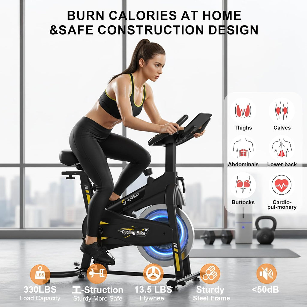 Exercise Bikes for Home,Spin Bike with Adjustable Magnetic,Brake Pad Resistance Silent Belt Drive,350lbs/300lbs Weight Capacity &Upgraded Version Seat for Home Cardio&Weight Loss(QM-530W)