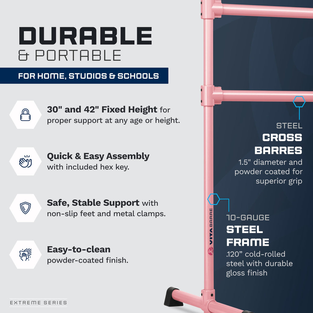 VITA Barre Portable Freestanding Double Ballet Barre, Extreme, Steel | Fixed Height, Made in USA, Home or Gym Exercise Equipment for Kids & Adults | Dance, Fitness, Pilates