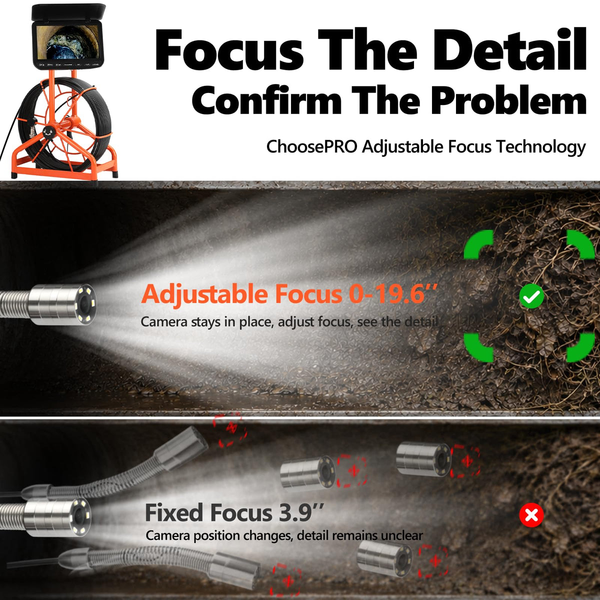 [ChoosePROÂ®] HD1080P Sewer Camera 7'' w/1s Twist-Unlock System, DVR-32GB, 0.64'' Thicker Reel, 5000mAh 100FT Marked Cable, Plumbing Pipe Inspection Camera for Drain & Sewer Inspection