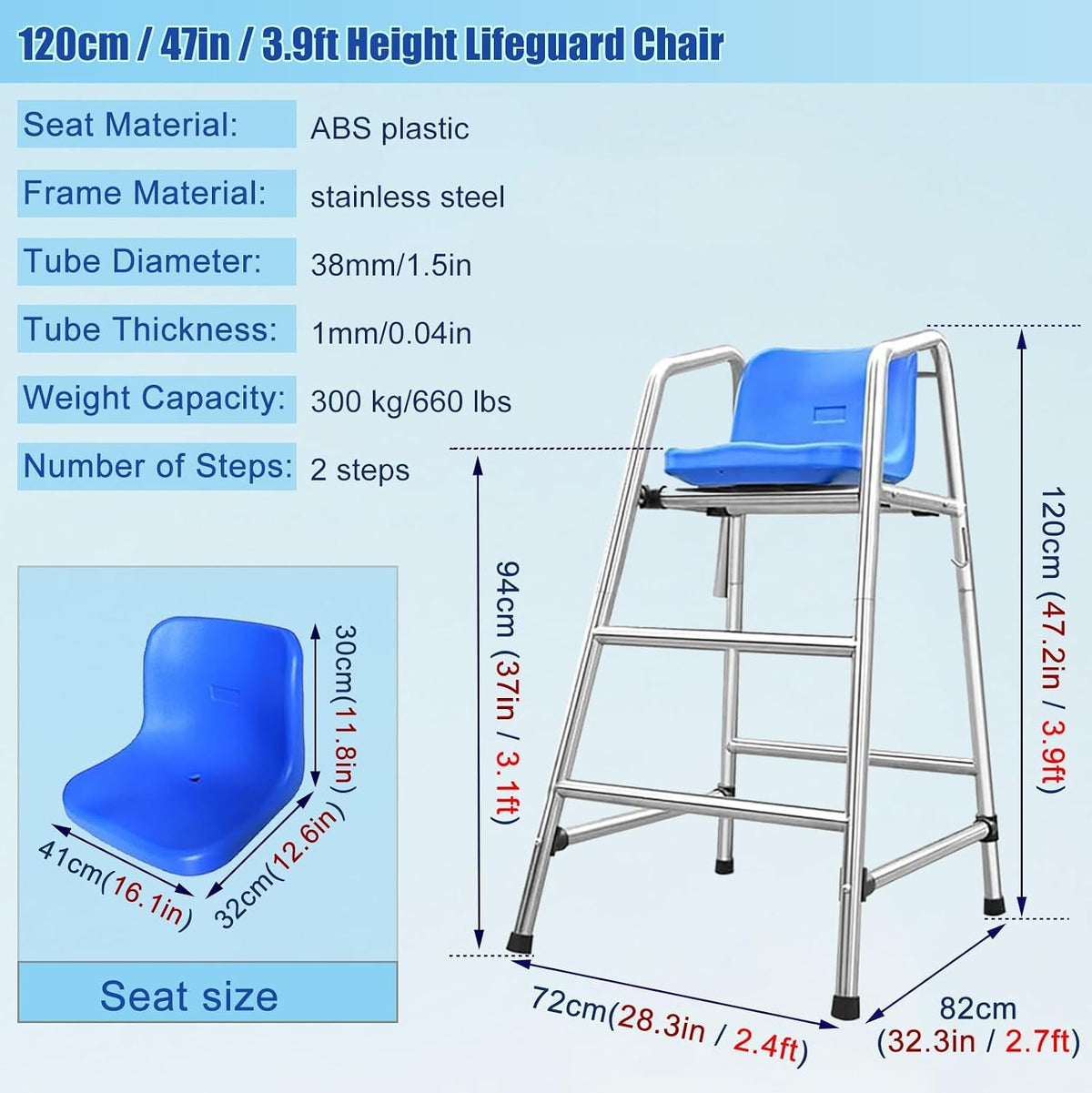 304 Stainless Steel Lifeguard Chair W/Comfortable Seat & Umbrella, Beach Sandy Tennis/Volleyball Referee Stand Chair, Portable Tall Life Guard Deck Chairs/Bar Stool(47in/3.9ft/1.2m)