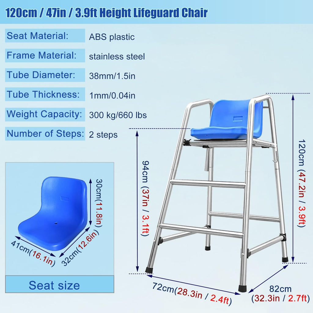 Beach Sandy Tennis/Volleyball Referee Stand Chair, 304 Stainless Steel Lifeguard Chair W/Comfortable Seat & Umbrella, Portable 1.2 1.5 1.8 M Tall Life Guard Deck Chairs/Bar Stool(70in/5.9ft/1.8m)