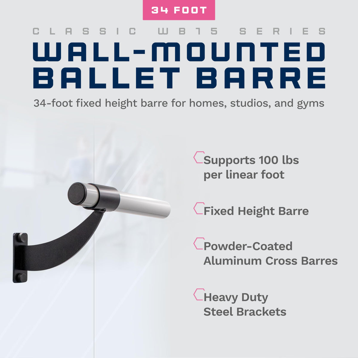 Vita Barre Wall-Mounted Single Ballet Barre, Classic WB15, Aluminum | Fixed Height, Made in USA, Home, Studio or Gym Exercise Equipment for Kids & Adults | Dance, Fitness, Pilates