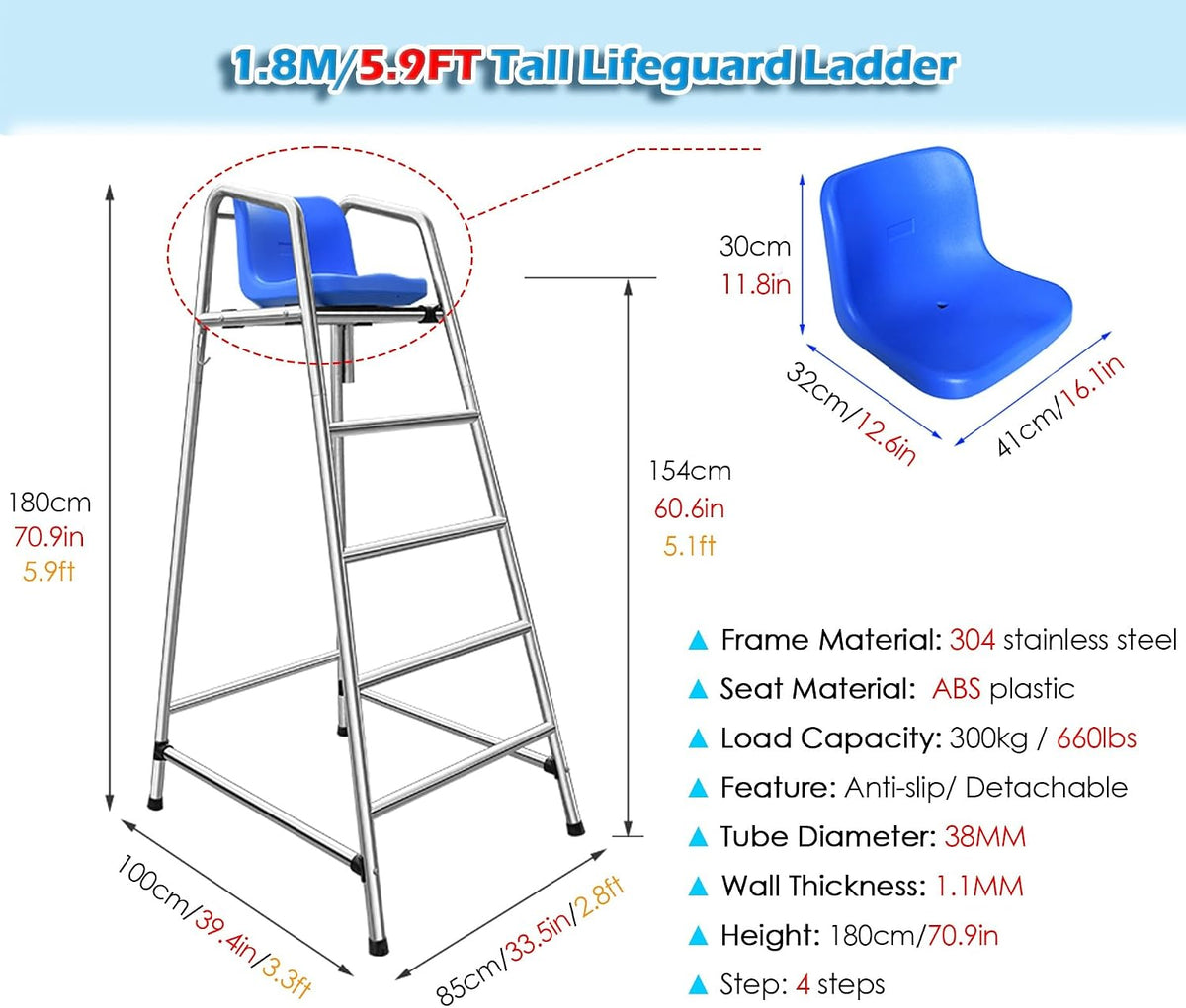 Heavy-Duty Rustproof Stainless Steel Lifeguard Chair - Durable Referee Stand for Pools, Water Parks & Beaches - Essential Safety Equipment for Lifeguards & Silver 85x100x180cm/33.5x39.4x71inch