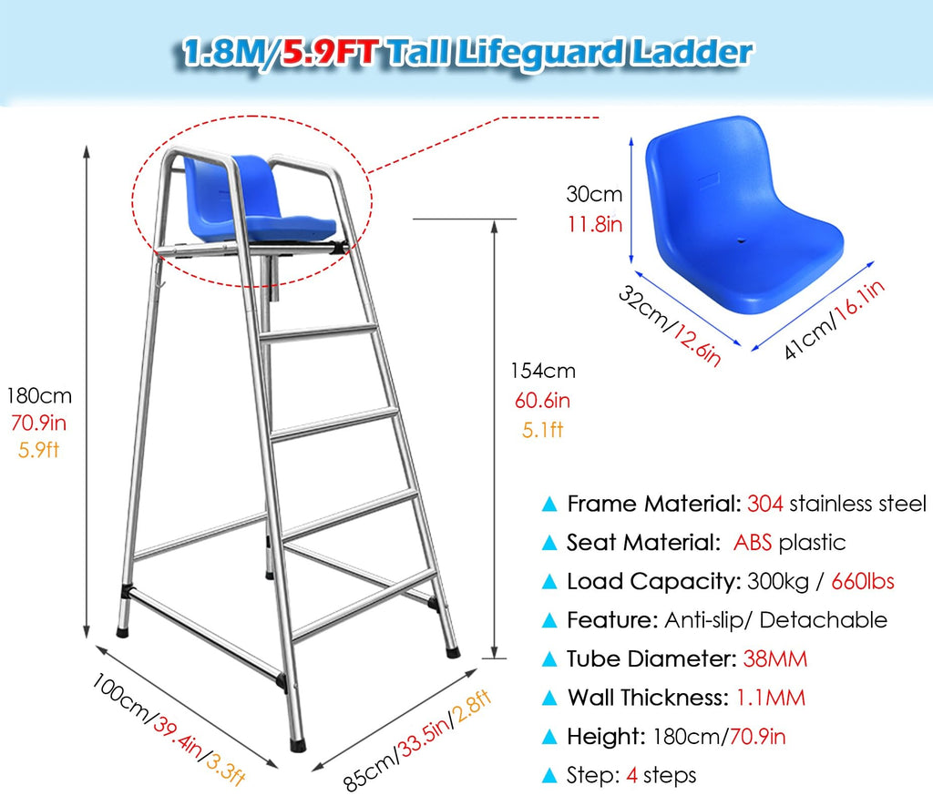 Heavy-Duty Rustproof Stainless Steel Lifeguard Chair - Durable Referee Stand for Pools, Water Parks & Lakes - Essential Lifeguard Equipment for Safety Use(72x82x120cm/28.3x32.3x47.2inch)