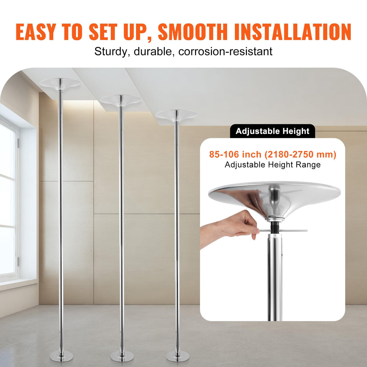 VEVOR Professional Dancing Pole, Spinning Static Dancing Pole Kit, Portable Removable Pole, 45mm Heavy-Duty Stainless Steel Pole, Height Adjustable Fitness Pole, for Exercise Home Club Gym, Silver