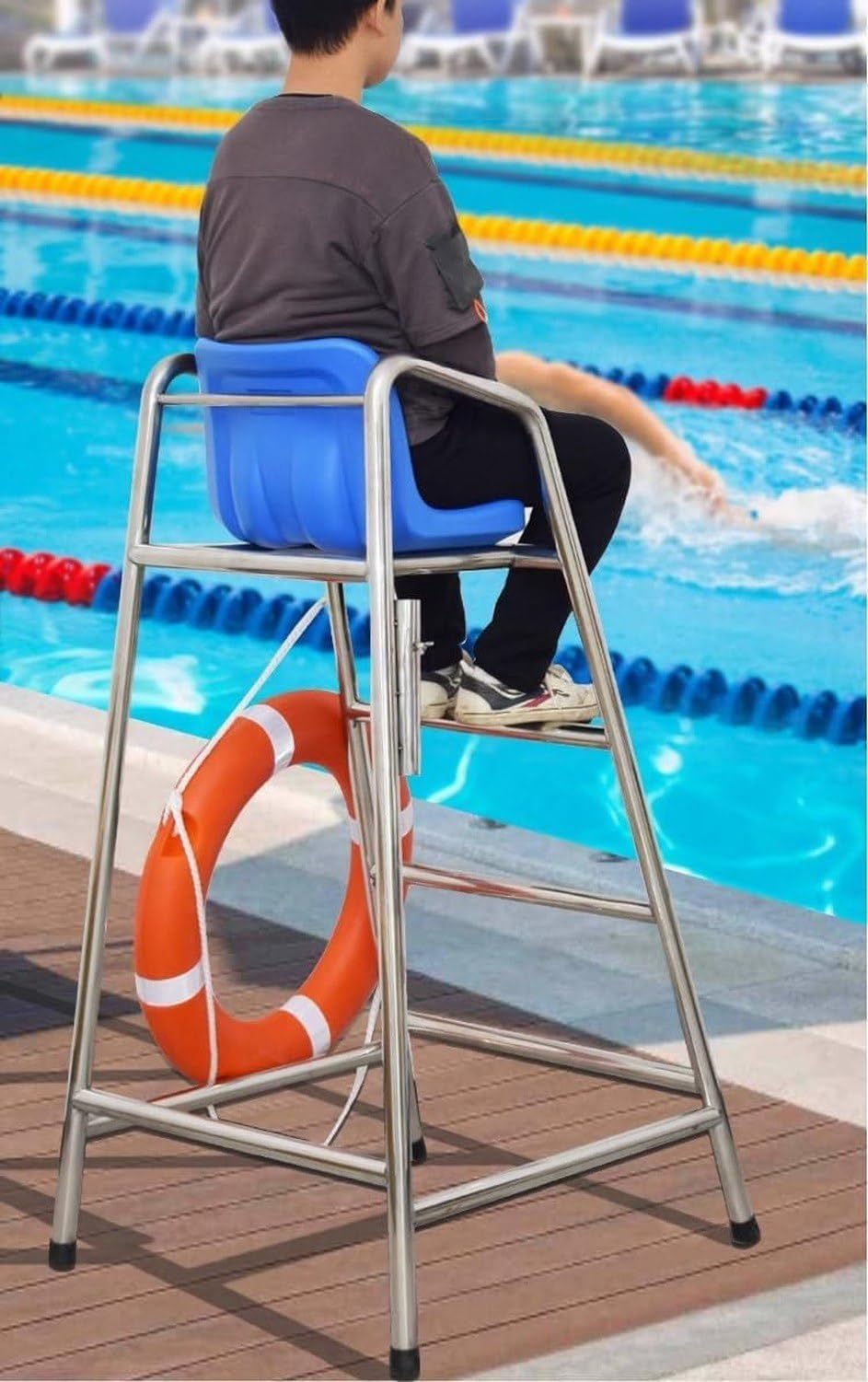 Tennis Volleyball Referee Chair Stand 120 150 180cm High Stainless Steel Lifeguard Seat for Pools Patio Lake Beach Outdoor Extra Tall Guard Deck Chair Comfortab, Blue, 120cm/47.2in/3.9ft high