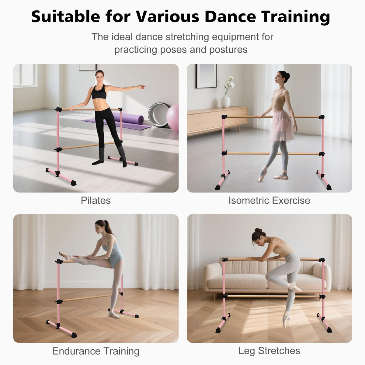 4FT/6FT Height Adjustable Double Ballet Barre, Freestanding Portable Stretching Dance Bar for Home, Heavy Duty Exercise Equipment for Kids & Adults with Anti-Slip Rubber Pads