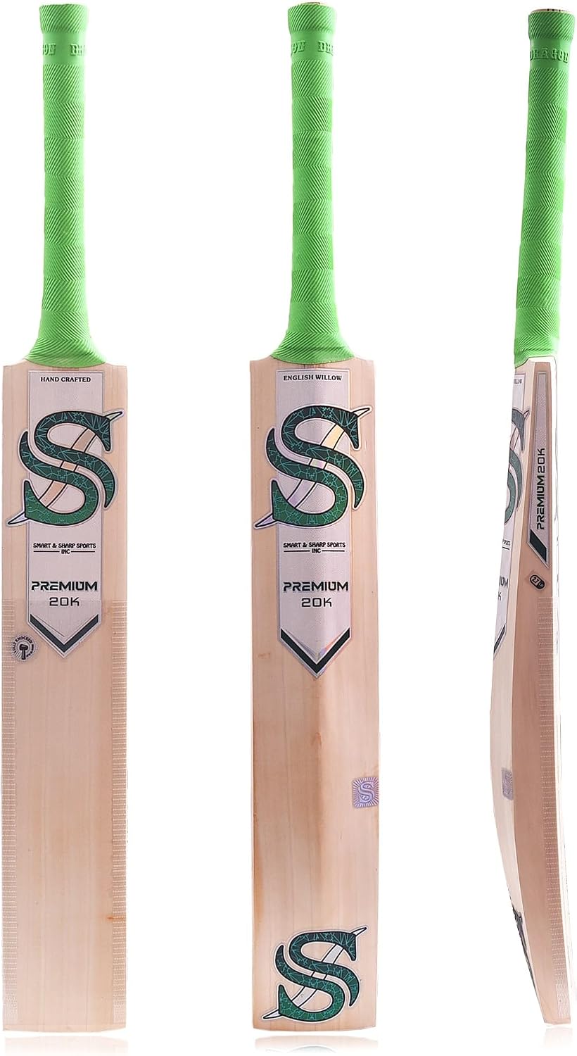 Smart & Sharp Premium 20K Cricket Bat, English Willow, Full Size, Green Handle with Cover