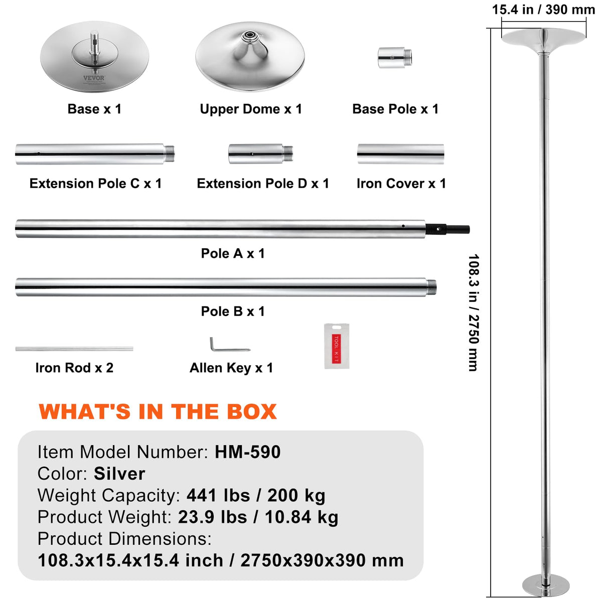 VEVOR Professional Dancing Pole, Spinning Static Dancing Pole Kit, Portable Removable Pole, 45mm Heavy-Duty Stainless Steel Pole, Height Adjustable Fitness Pole, for Exercise Home Club Gym, Silver