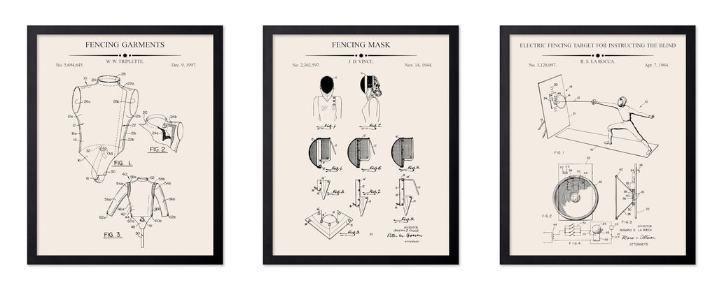 Poster Master 3-Piece Fencing Blueprint Poster - Fencing Garment Patent Print - Fencing Mask Design - Target Art - Sports Design - Technical Drawing Print - Gym or Office Decor - 8x10 Brown Framed