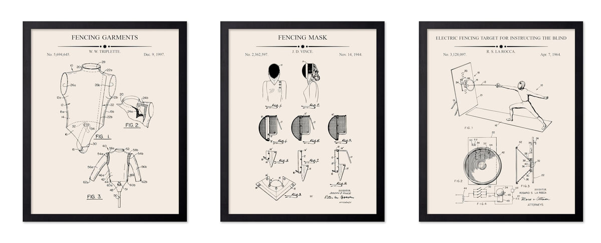 Poster Master 3-Piece Fencing Blueprint Poster - Fencing Garment Patent Print - Fencing Mask Design - Target Art - Sports Design - Technical Drawing Print - Gym or Office Decor - 8x10 Brown Framed