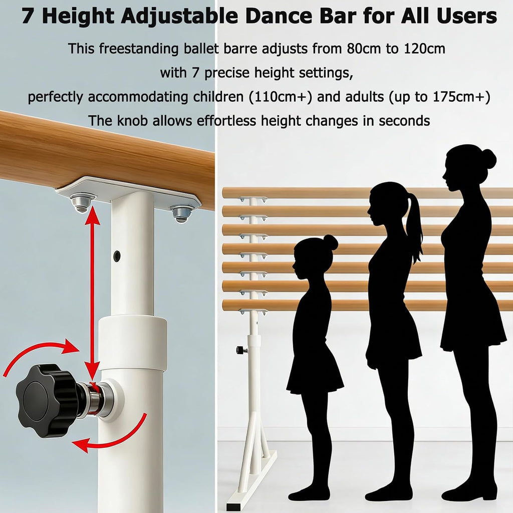 Freestanding Ballet Barre Portable, 7 Height Adjustable Solid Wood Dance Bar, 31.5-47.2in, Heavy Duty Stretching Bar for Kids Adults Home Studio Ballet Pilates Yoga Training