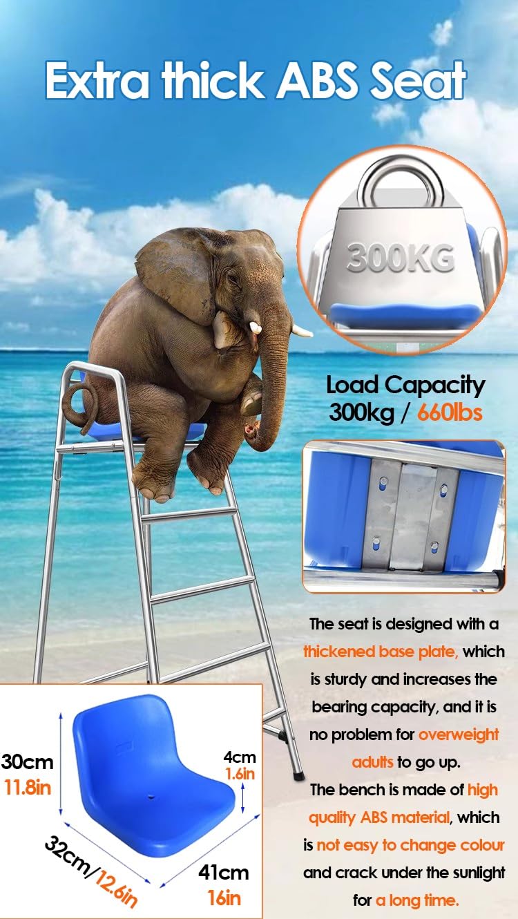 Tennis Volleyball Referee Chair Stand, 120 150 180 cm High Stainless Steel Lifeguard Chair for Pools Patio Lake Beach, Outdoor Extra Tall Life Guard Deck Chairs/Bar Stool w/Comfortable Seat(180cm/71in