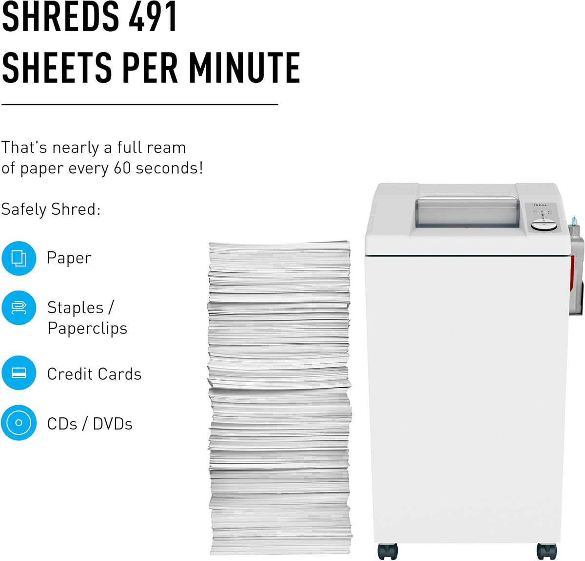 ideal. 2604 Cross-Cut Centralized Office Shredder with Automatic Oiler, Continuous Operation, 23 to 25 Sheet Feed Capacity, 26 gal Bin, Shred Staples/Paper Clips/Credit Cards/CDs/DVDs, P-4 Security