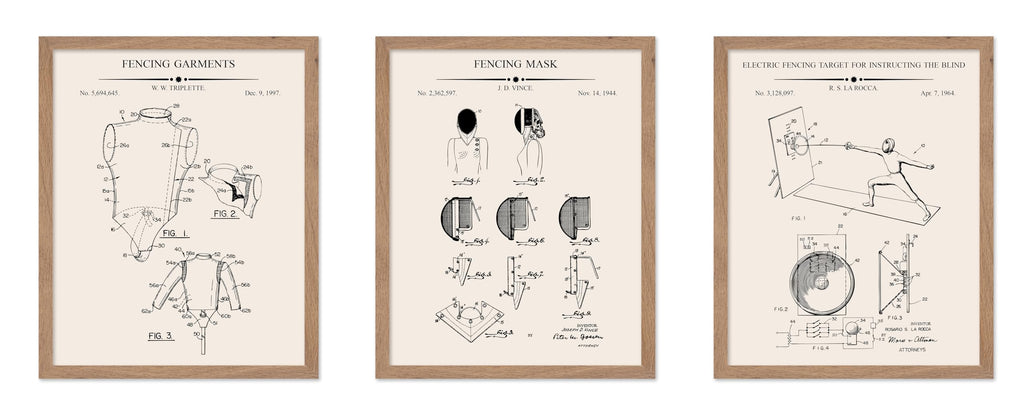 Poster Master 3-Piece Fencing Blueprint Poster - Fencing Garment Patent Print - Fencing Mask Design - Target Art - Sports Design - Technical Drawing Print - Gym or Office Decor - 8x10 Brown Framed