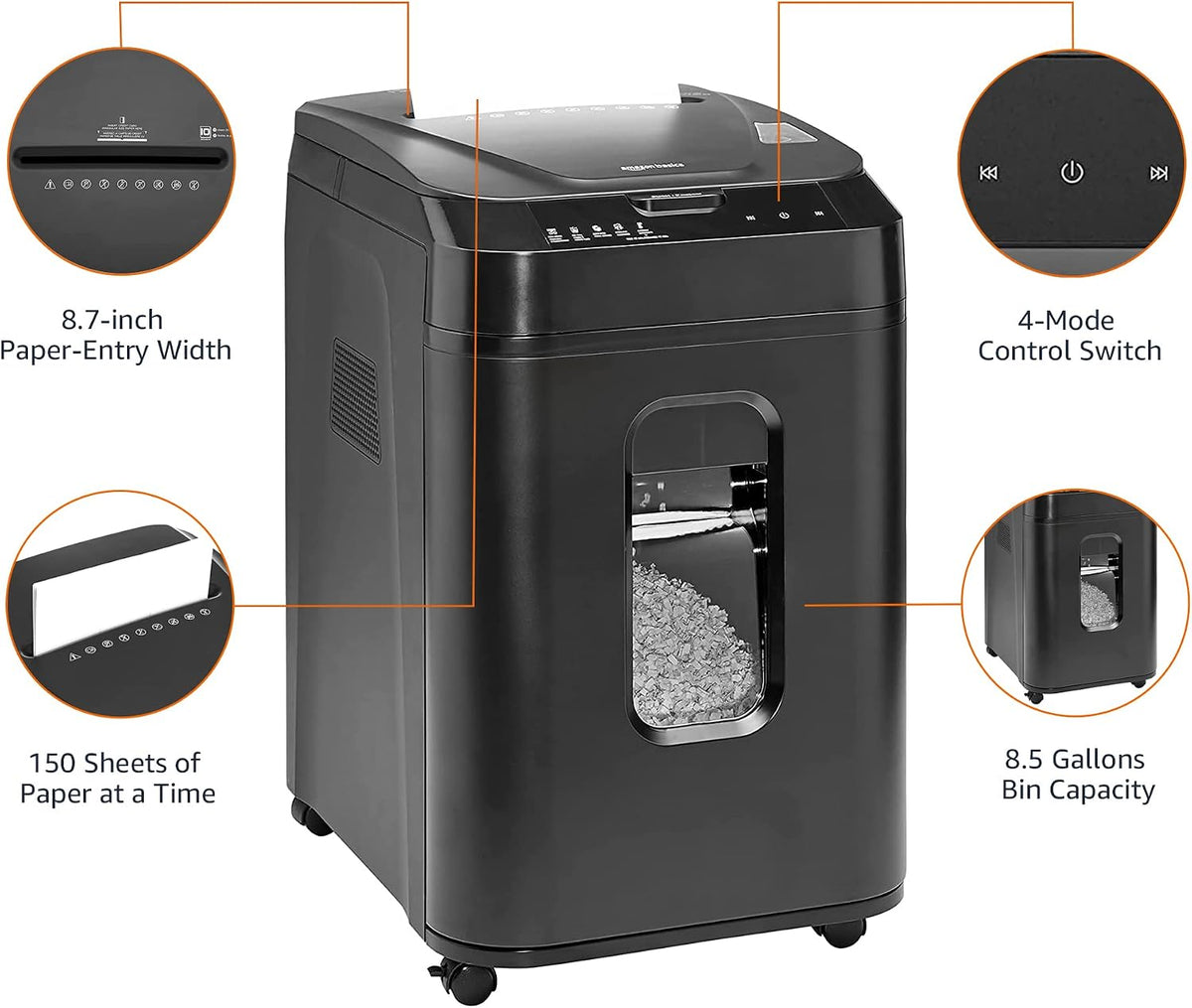 Amazon Basics 150-Sheet Autofeed Micro-Cut Paper and Credit Card Shredder, High Security Level P-4 with 8.5-Gallon Bin, 60-Minute Continuous Run Time, Black