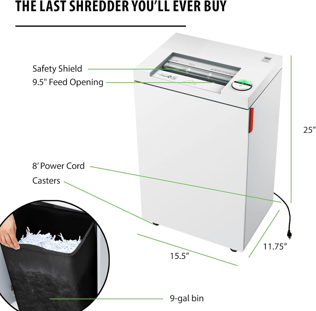 IDEAL 2445 Cross Cut Deskside Commercial Paper Shredder, Continuous Operation, 6-8 Sheet Feed Capacity, 9-Gallon Bin, Shred Staples/Paper Clips/Credit Cards, for 3-4 Users, P-5 Security Level