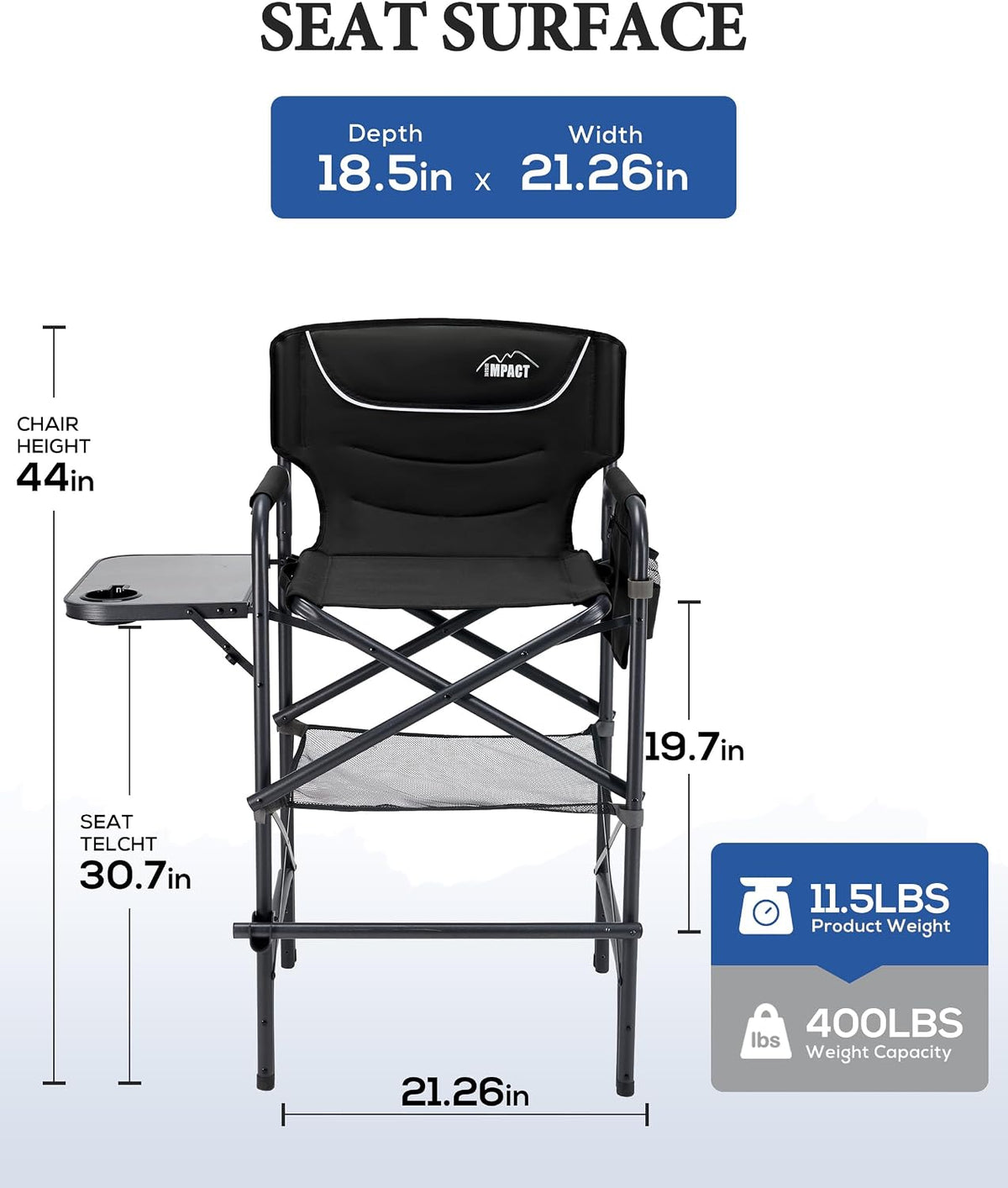 Aluminum Tall Camping Directors Chair 30.7" Seat Height, 400lbs Load