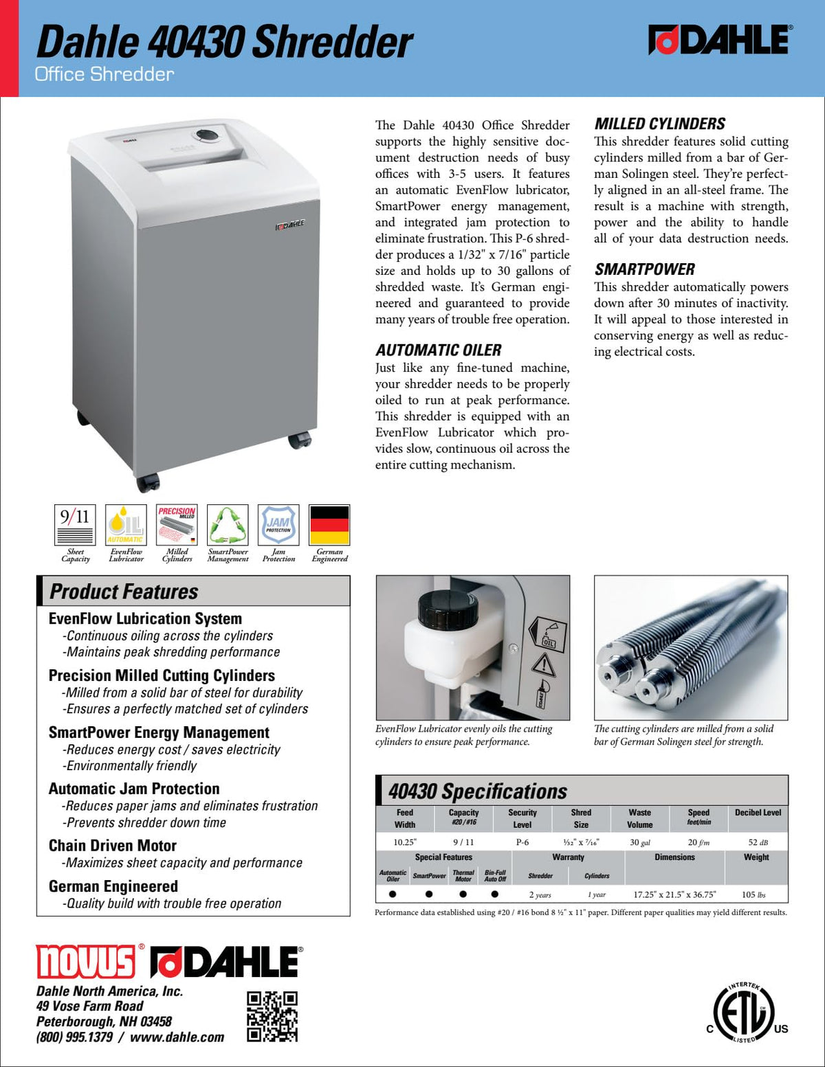 Dahle 50464 Paper Shredder, Cross Cut, P-4 Security, German Engineered, Jam Protection, Oil Free, SmartPower, Shreds CDs, 24 Sheet Max, 30 Gal Bin