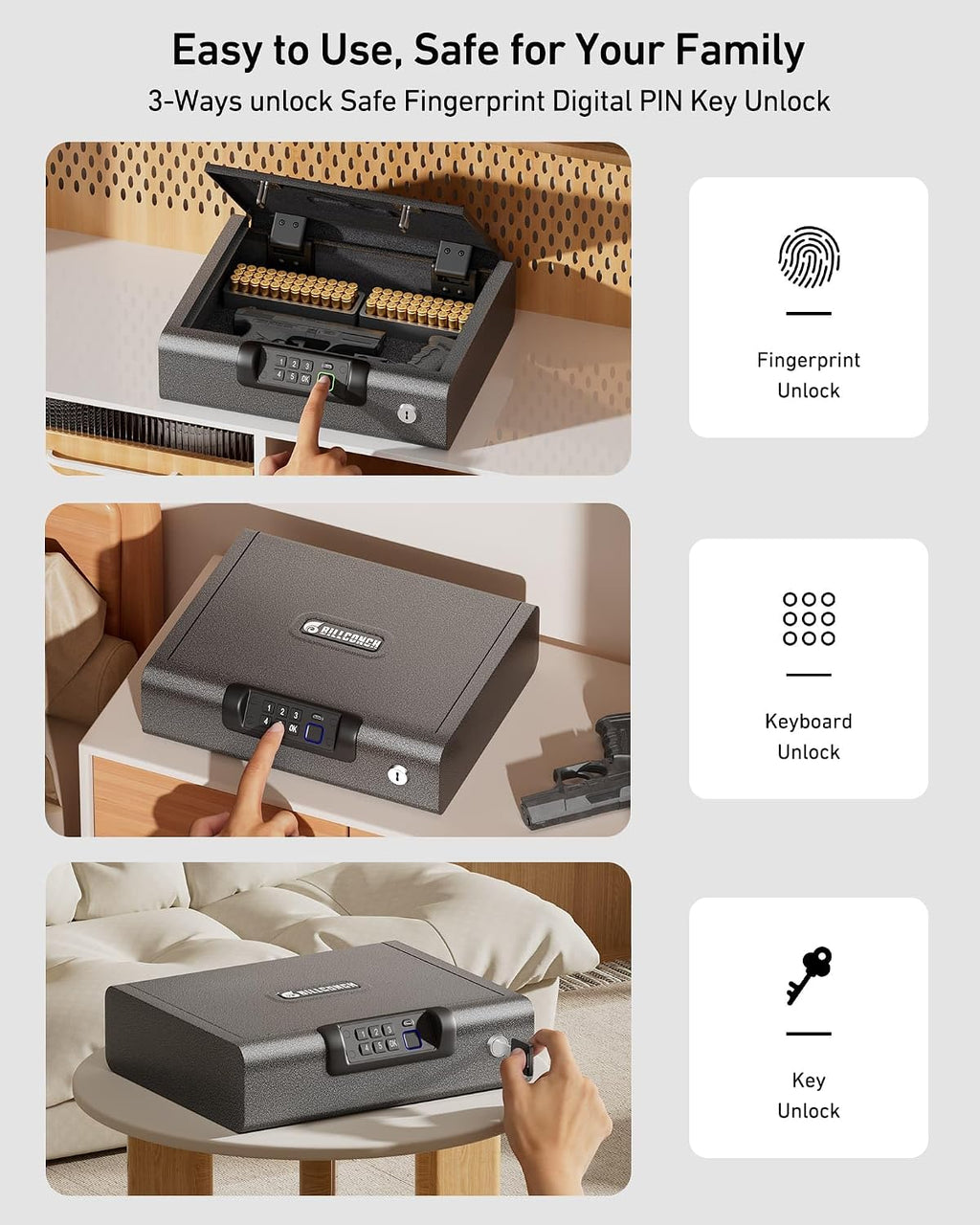 BILLCONCH Large Gun Safe Biometric Fingerprint Handgun Pistol Safes