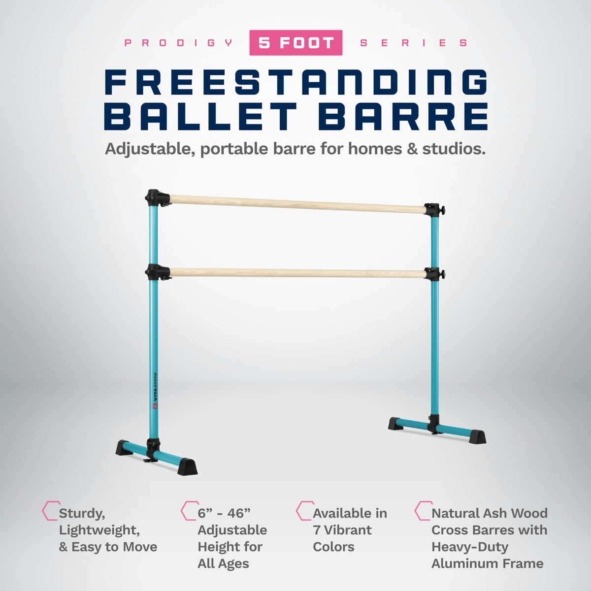 VITA Barre Portable Freestanding Double Ballet Barre, Prodigy, Wood | Adjustable Height, USA Made, Home or Gym Exercise Equipment for Kids & Adults | Dance, Fitness, Pilates