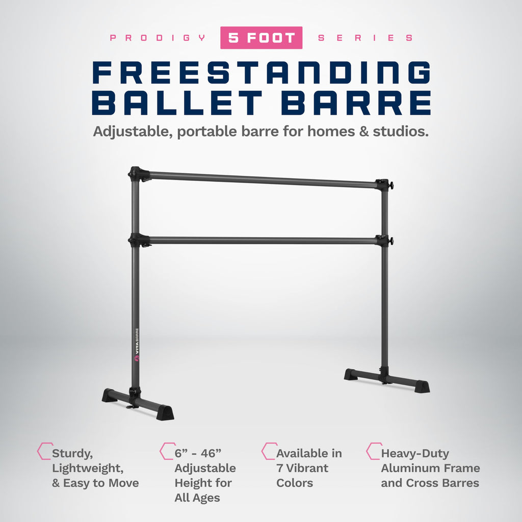 VITA Barre Portable Freestanding Double Ballet Barre, Prodigy, Aluminum | Adjustable Height, USA Made, Home or Gym Exercise Equipment for Kids & Adults | Dance, Fitness, Pilates