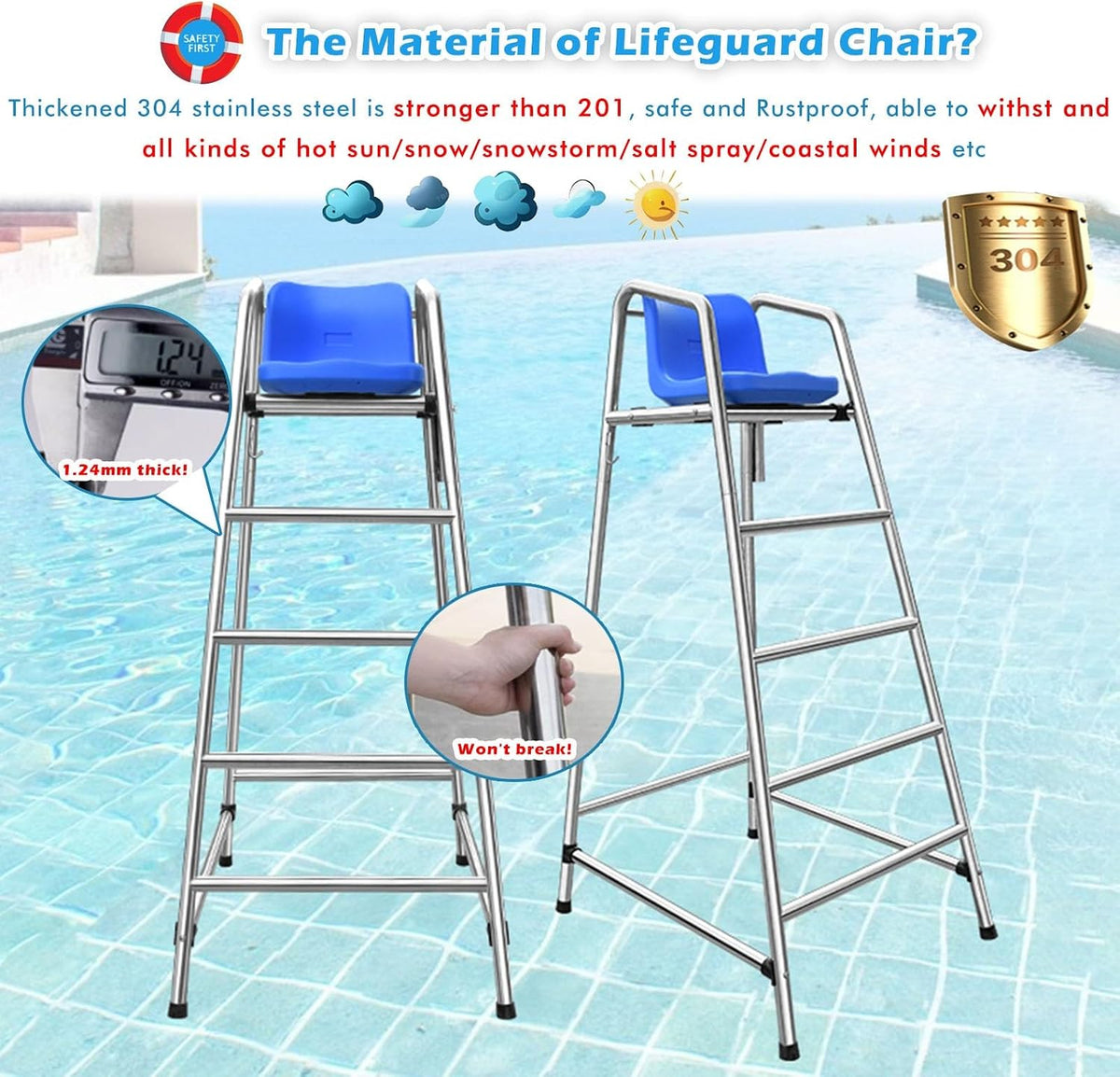 Tall Lifeguard/ Deck Chairs Outdoor, 47' '60'' 71'' High Fade-Resistant Stainless Steel Elevated Life Guard Chair - Loads 330kg, Referee Ladder Stool, Lifesaving Observation Chairs(H-180cm/70in/5.9ft)