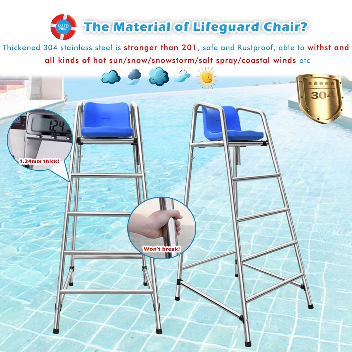 Tall Lifeguard/ Deck Chairs Outdoor, 47' '60'' 71'' High Fade-Resistant Stainless Steel Elevated Life Guard Chair - Loads 330kg, Referee Ladder Stool, Lifesaving Observation Chairs(H-180cm/70in/5.9ft)