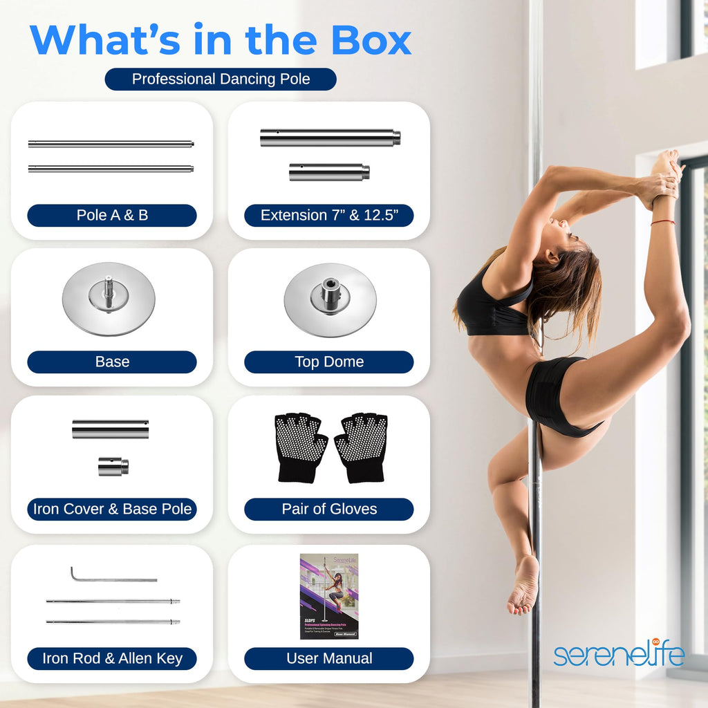 SereneLife Professional Spinning Dance Pole, 45mm Portable Exercise Pole for Fitness â Durable Steel Build, Anti-Rust Finish, Suitable for Home, Club, Gym, Party, Pub