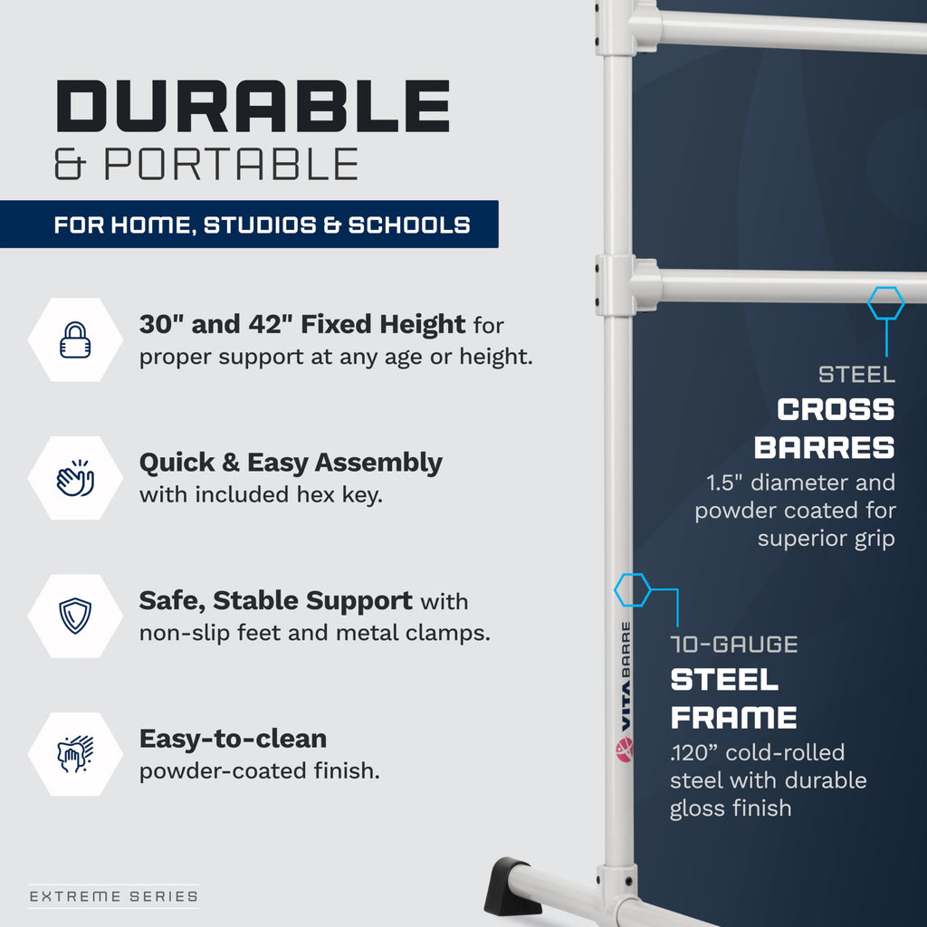 VITA Barre Portable Freestanding Double Ballet Barre, Extreme, Steel | Fixed Height, Made in USA, Home or Gym Exercise Equipment for Kids & Adults | Dance, Fitness, Pilates