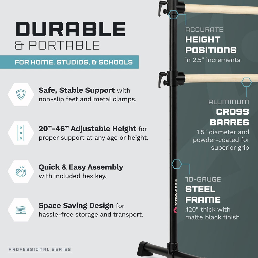 VITA Barre Portable Freestanding Double Ballet Barre, Professional | Adjustable Height, Made in USA, Home or Gym Exercise Equipment for Kids & Adults | Dance, Fitness, Pilates