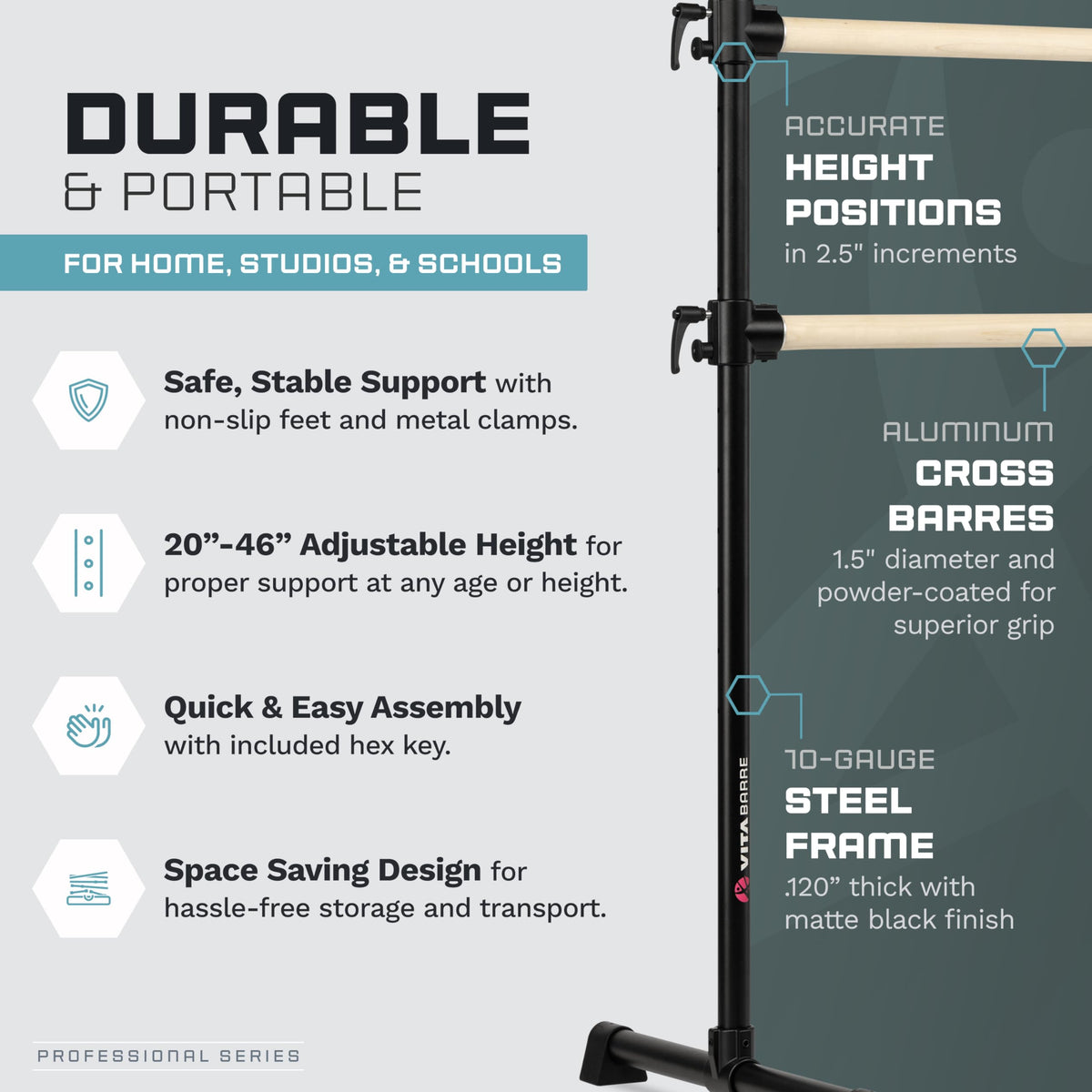 VITA Barre Portable Freestanding Double Ballet Barre, Professional | Adjustable Height, Made in USA, Home or Gym Exercise Equipment for Kids & Adults | Dance, Fitness, Pilates