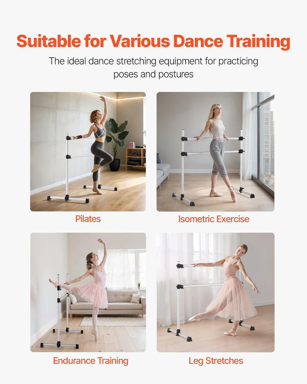 VEVOR Ballet Barre, Barre Bar for Home, Freestanding Portable Ballet Stretching Dance Bars, Height Adjustable Anti-Wobble Fitness Gym Studio Equipment