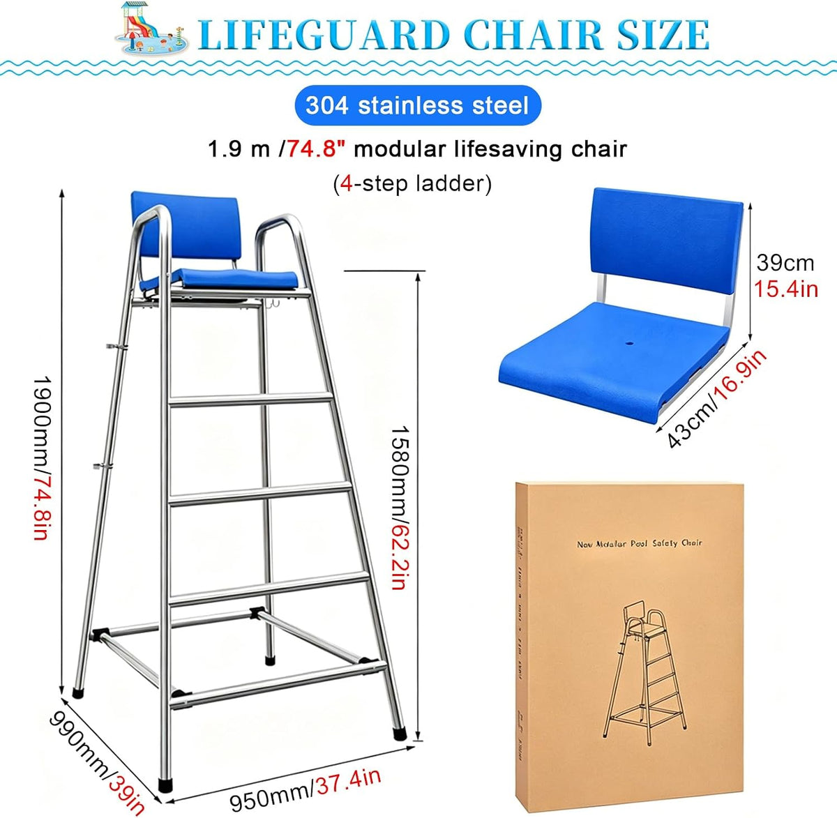 Commercial Lifeguard Stand - Heavy-Duty 304 Stainless Steel Frame with Ladders, for Poolside, Beach Clubs & Community Swimming Centers(74.8in/1.9m/6.2ft)