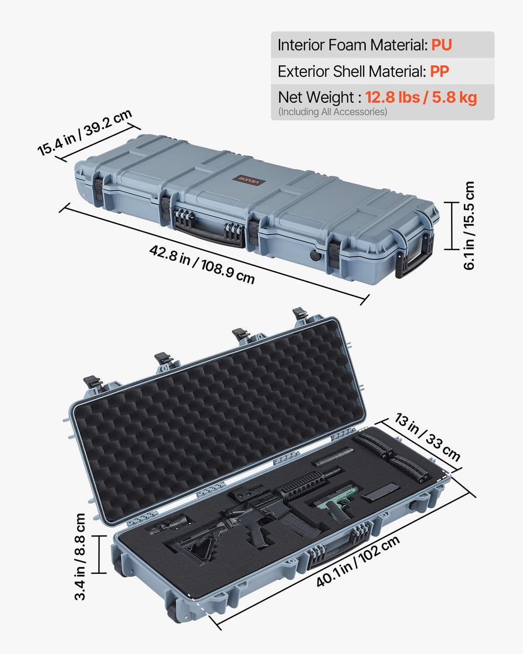 VEVOR Rifle Case, Rifle Hard Case with 4 Layers Fully-protective Foams, Lockable Hard Gun Case with Wheels, IP67 Waterproof & Crushproof, for Rifles or Shotguns