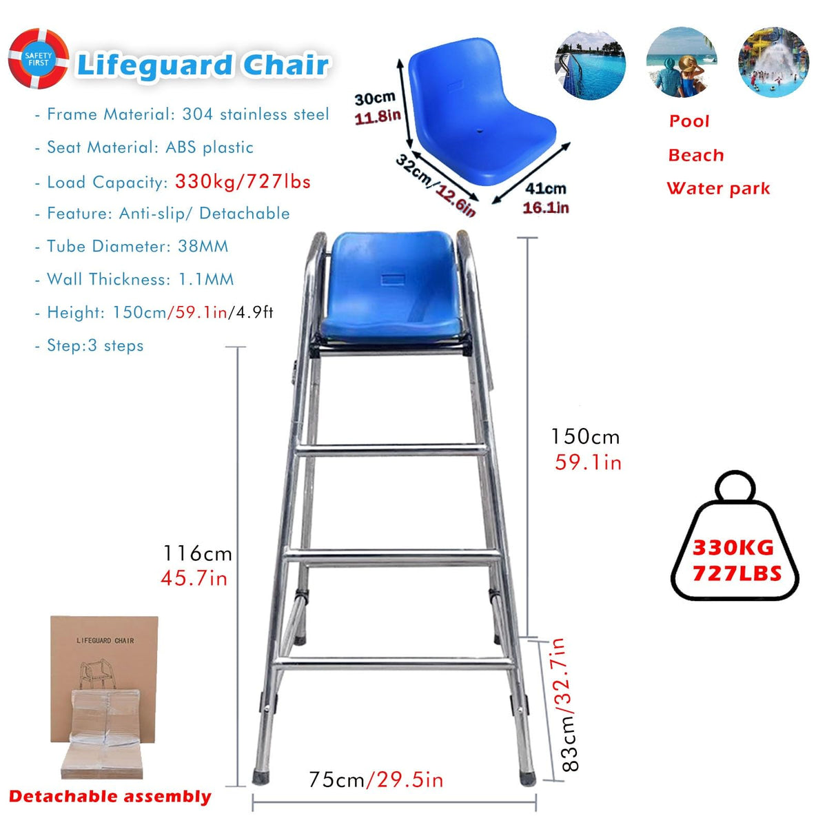 Tall Lifeguard/ Deck Chairs Outdoor, 47' '60'' 71'' High Fade-Resistant Stainless Steel Elevated Life Guard Chair - Loads 330kg, Referee Ladder Stool, Lifesaving Observation Chairs(H-180cm/70in/5.9ft)