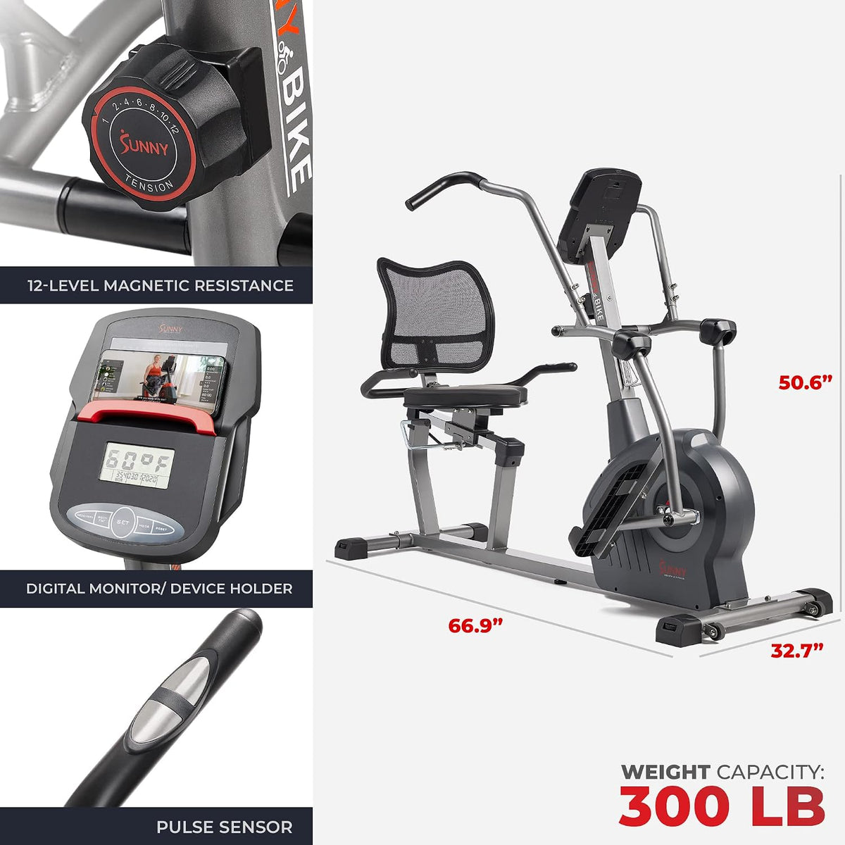Sunny Health & Fitness Smart Magnetic Recumbent Elliptical Cross-Trainer