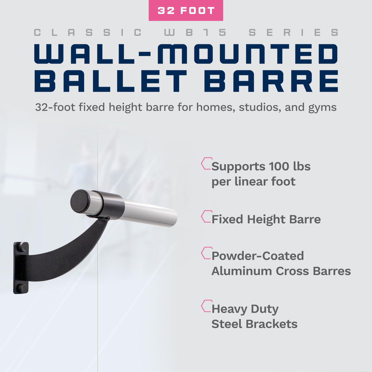 Vita Barre Wall-Mounted Single Ballet Barre, Classic WB15, Aluminum | Fixed Height, Made in USA, Home, Studio or Gym Exercise Equipment for Kids & Adults | Dance, Fitness, Pilates