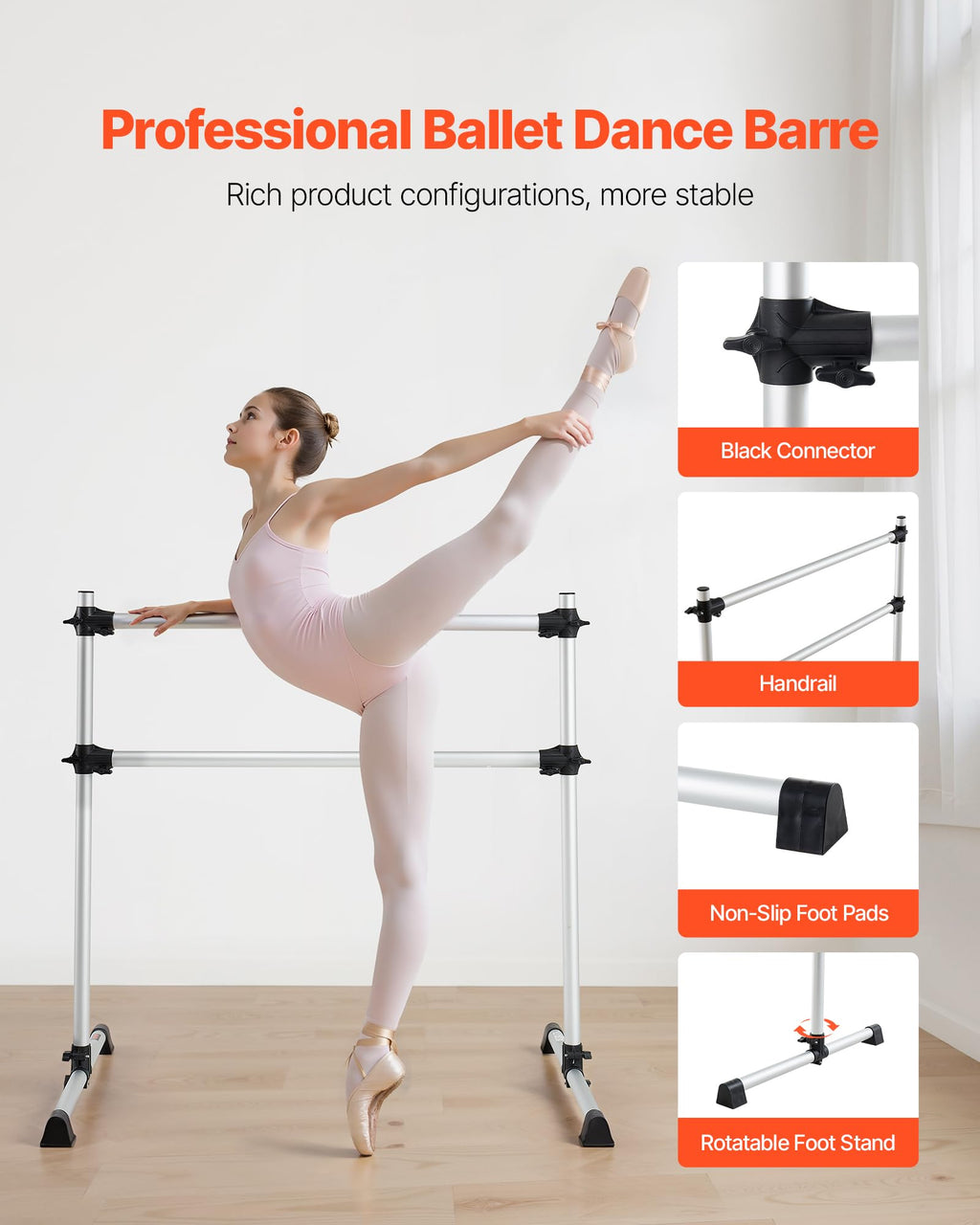 VEVOR Ballet Barre, Barre Bar for Home, Freestanding Portable Ballet Stretching Dance Bars, Height Adjustable Anti-Wobble Fitness Gym Studio Equipment