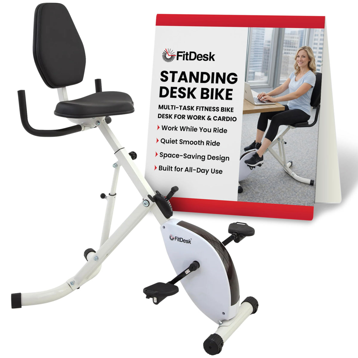 FitDesk Standing Exercise Bike Desk 3.0, Adjustable Height Indoor Cycling Trainer with Laptop Tray, Portable Stationary Fitness Desk for Home Office, Foldable Exercise Workstation, Supports 300 lbs